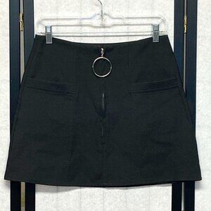 Gui Mi Chic Black A-Line Ring Pull Zip Mini Skirt L Patch Pockets Stretch Fit